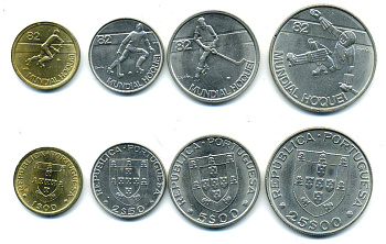 Португалия набор из 4 монет (1, 2,5, 5 и 25 эскудо) 1982 Чемпионат мира по хоккею на роликах KM 612, 613, 615 и 616   UNC  4670-1116-1117 N5-46