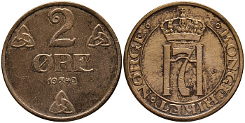 НОРВЕГИЯ 2 ЭРЕ 1940 ХОКОН VII (1905-1957) KM 371 бронза 51-1112