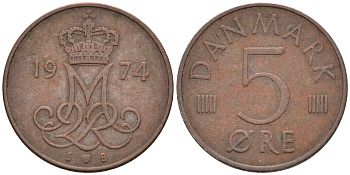 ДАНИЯ 5 ЭРЕ 1974 МАРГАРЕТ II KM 859.1 железо плакированное медью 4564-1161