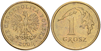 Польша 1 грош 2005 MW KM 276, Parchimowicz 701n латунь 4516-826