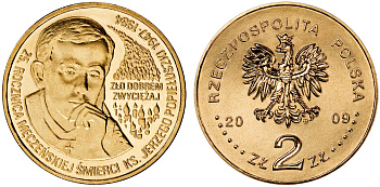 Польша 2 злотых 2009 MW, 25 лет со дня убийства Ежи Попелушко (1947-1984) KM 700 нордик UNC 4676-546