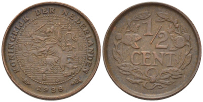 НИДЕРЛАНДЫ 1/2 ЦЕНТА 1938 ВИЛЬГЕЛЬМИНА (1890-1948) KM 138 бронза 39-238