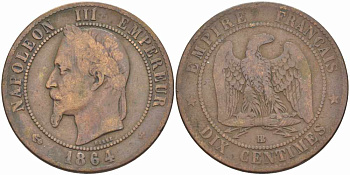 ФРАНЦИЯ 10 САНТИМОВ 1864 BB, НАПОЛЕОН III (1852-1870) KM 798.2, LE FRANC 134.12 бронза 4389-934