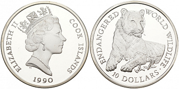 Острова Кука 10 долларов 1990 серия исчезающие виды животных, тигр KM 73 серебро PROOF 00-000-00