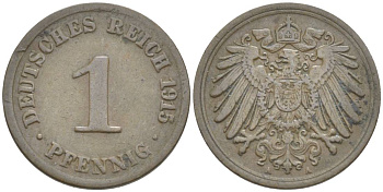 ГЕРМАНИЯ 1 ПФЕННИГ 1915 A KM 10, Jager. 10, Weege 2 медь 4528-659