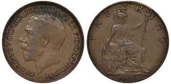 Великобритания 1 фартинг 1922 Георг V (1910-1936) KM 808.2, Spink 4060 бронза 4128-911