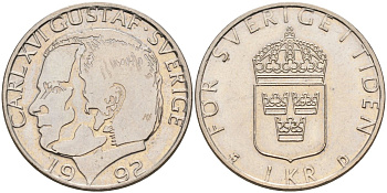 Швеция 1 крона 1992 Карл XVI Густав (1973- ) KM 852а медно-никель UNC 4582-516