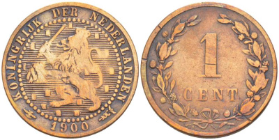 НИДЕРЛАНДЫ 1 ЦЕНТ 1900 ВИЛЬГЕЛЬМИНА (1890-1948), LARGE DATE KM 107 бронза 218-857