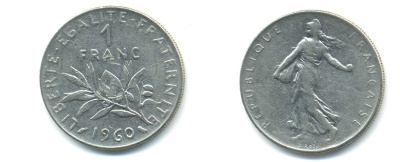 ФРАНЦИЯ 1 ФРАНК 1960 СЕЯТЕЛЬ KM 925.1, LE FRANC 226.4 никель 86-1757