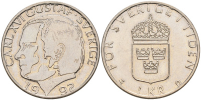 Швеция 1 крона 1992 Карл XVI Густав (1973- ) KM 852а медно-никель UNC 4582-516