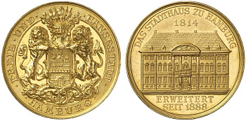 Гамбург медаль после 1890 лучшему сотруднику полиции города, ратуша, 34,5 мм, 17,9 гр золото PROOF 10-009-26