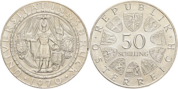 Австрия 50 шиллингов 1970 300 лет образования Университета Инсбрука KM 2908 серебро aUNC 4557-322