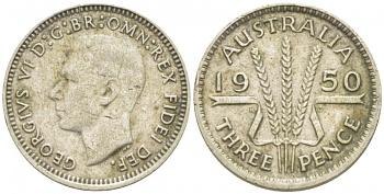 Австралия 3 пенса 1950 m, Георг VI (1937-1952), без букв KM 44 серебро 3851-1043