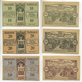 Австрия набор из 3 банкнот 1920 до 30 декабря 1920, нотгельд, 10, 20, 50 геллеров, ZEILLERN   бумага  aUNC  7555-7-3-2