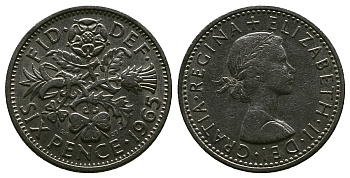 Великобритания 6 пенсов 1965 Елизавета II (1952-2022) KM 903, Spink 4149 медно-никель 4381-834
