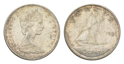 Канада 10 центов 1968 Елизавета II (1952-2022), парусник KM 72 серебро 4623-963
