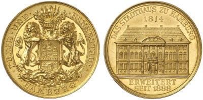 Гамбург медаль после 1890 лучшему сотруднику полиции города, ратуша, 34,5 мм, 17,9 гр золото PROOF 10-009-26