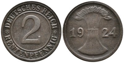 ГЕРМАНИЯ 2 РЕНТЕНПФЕННИГА 1924 A KM 31, J. 307 бронза 24-656