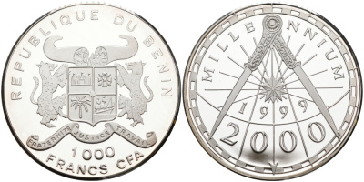 Бенин 1000 франков 1999 миллениум  серебро PROOF 01-076-45