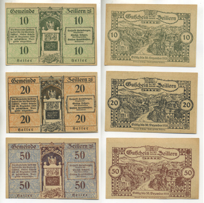 Австрия набор из 3 банкнот 1920 до 30 декабря 1920, нотгельд, 10, 20, 50 геллеров, ZEILLERN   бумага  aUNC  7555-7-3-2