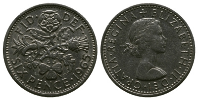 Великобритания 6 пенсов 1965 Елизавета II (1952-2022) KM 903, Spink 4149 медно-никель 4381-834