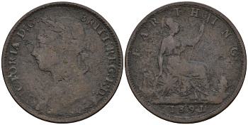 Великобритания 1 фартинг 1891 Виктория (1837-1901) KM 753, Spink 3958 бронза 4596-934