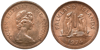 Фолклендские острова 1 пенни 1974 Елизавета II (1952-2022), папуанский пингвин KM 2 бронза aUNC 4118-134