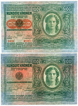 Австрия 100 крон 1912 (1919) красная надпечатка на Pick 12, на аверсе Pick 56 a бумага 7146-4-2-1