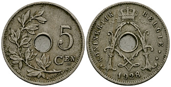 Бельгия 5 сантимов 1928 Belgie KM 67 медно-никель 4173-321