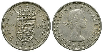Великобритания 1 шиллинг 1963 Елизавета II (1952-2022), Английский герб KM 904, Spink 4147 медно-никель 4384-516