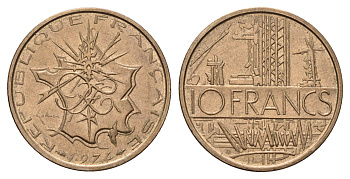 Франция 10 франков 1974 тип Матье KM 940, Le Franc 365.3-4 медь алюминий никель 3459-831