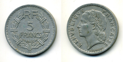 ФРАНЦИЯ 5 ФРАНКОВ 1946 В KM 888b.2 алюминий 84-642