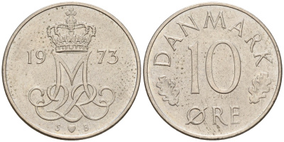 Дания 10 эре 1973 S; B, Маргрете II (1972-) KM 860.1 медно-никель    4596-323