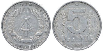 ГДР 5 ПФЕННИГОВ 1968 A KM 9.1 алюминий 62-151