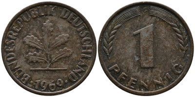 ФРГ 1 пфенниг 1969 G KM 105, J.380 сталь плакированная медью 99-267