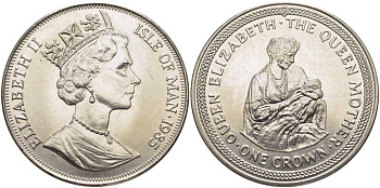 Остров Мэн 1 крона 1985 королева Елизавета (королева-мать), с принцессой Елизаветой на руках KM 219 медно-никель UNC 107-813