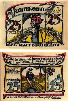 КРЁПЕЛИН 25 ПФЕННИГОВ 1922 НОТГЕЛЬД, 1922 - 28 ФЕВРАЛЯ 1922, ЗЕМЛЯ МЕКЛЕНБУРГ, ПЕРЕДНЯЯ ПОМЕРАНИЯ Grabowski 746.1 бумага 6318-41-2-2