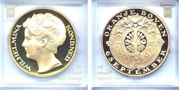 Нидерланды медаль ND КОРОЛЕВА ВИЛЬГЕЛЬМИНА КОРОНОВАНА 6 СЕНТЯБРЯ 1898 бронза, позолота PROOF 5-3-1-65