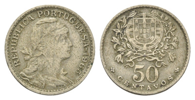 Португалия 50 сентаво 1965 голова Свободы вправо KM 577 никель латунь 4659-646
