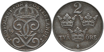 Швеция 2 эре 1946 Густав V (1907-1950) KM 811 железо 63-932