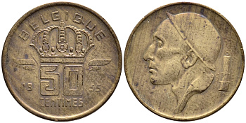 БЕЛЬГИЯ 50 САНТИМОВ 1955 BELGIQUE KM 144 бронза 4392-816