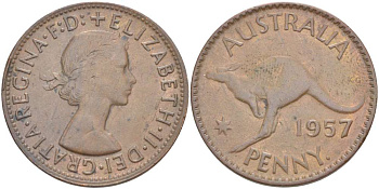 АВСТРАЛИЯ 1 ПЕННИ 1957 р, ЕЛИЗАВЕТА II (1953-), КЕНГУРУ KM 56 бронза 32-531