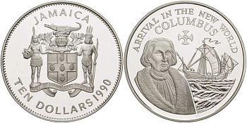 Ямайка 10 долларов 1990 прибытие Колумба в Новый свет, портрет и парусник KM 144а серебро PROOF 1080-8-34