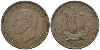 Великобритания 1/2 пенни 1941 Георг VI (1936-1952) KM 844, Spink 4115 бронза 4163-1117