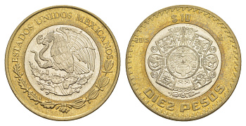 Мексика 10 песо 2015 Мо, бог Тонатиуха с огненной маской KM 616 биметалл UNC 4637-735