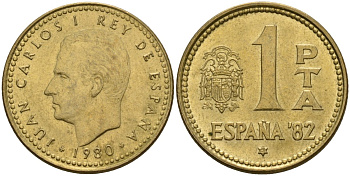 Испания 1 песета 1980 (81) чемпионат мира по футболу 1982 года в Испании, Хуан Карлос I (1975 - 2014) KM 816 алюминиевая бронза 4604-256
