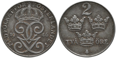 Швеция 2 эре 1946 Густав V (1907-1950) KM 811 железо 63-932