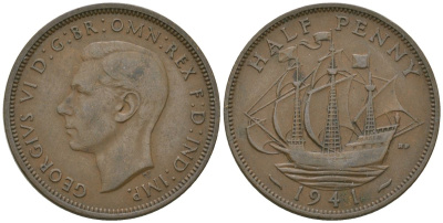 Великобритания 1/2 пенни 1941 Георг VI (1936-1952) KM 844, Spink 4115 бронза 4163-1117