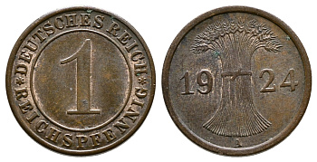 ГЕРМАНИЯ 1 РЕЙХСПФЕННИГ 1924 А KM 37, J.313 бронза аUNC 4380-1058
