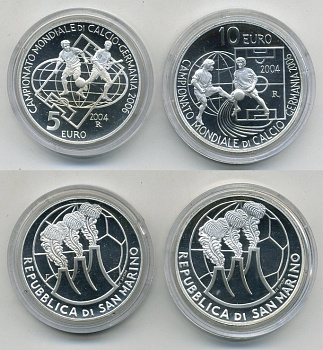 САН-МАРИНО НАБОР 5 ЕВРО + 10 ЕВРО 2004 ЧЕМПИОНАТ МИРА ПО ФУТБОЛУ В ГЕРМАНИИ 2006 ГОДА, В ОРИГИНАЛЬНОЙ КОРОБКЕ С СЕРТИФИКАТОМ KM 463, KM 462 серебро PROOF 4-5-1-20